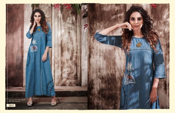 kajree kayara long denim with work gown style kurtis edition